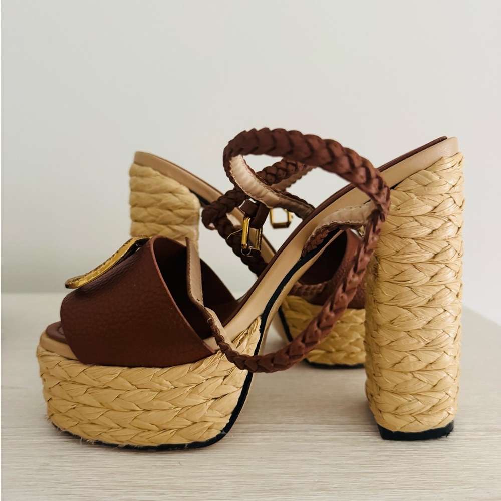 Valencia Brown Leather Platform Sandals with Gold Emblem - Picture 5 of 7